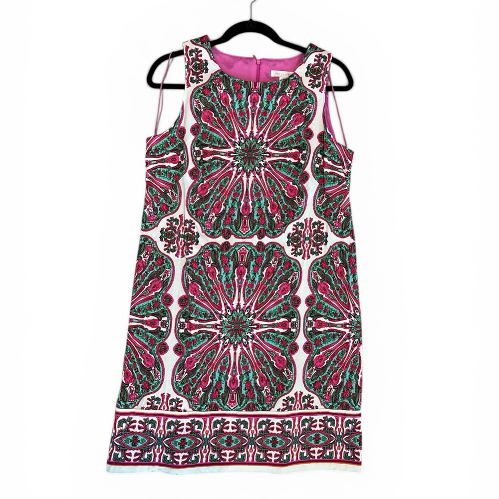 London Times women's size 14 Dress Sleeveless Pink & Green Printed Shift Dress